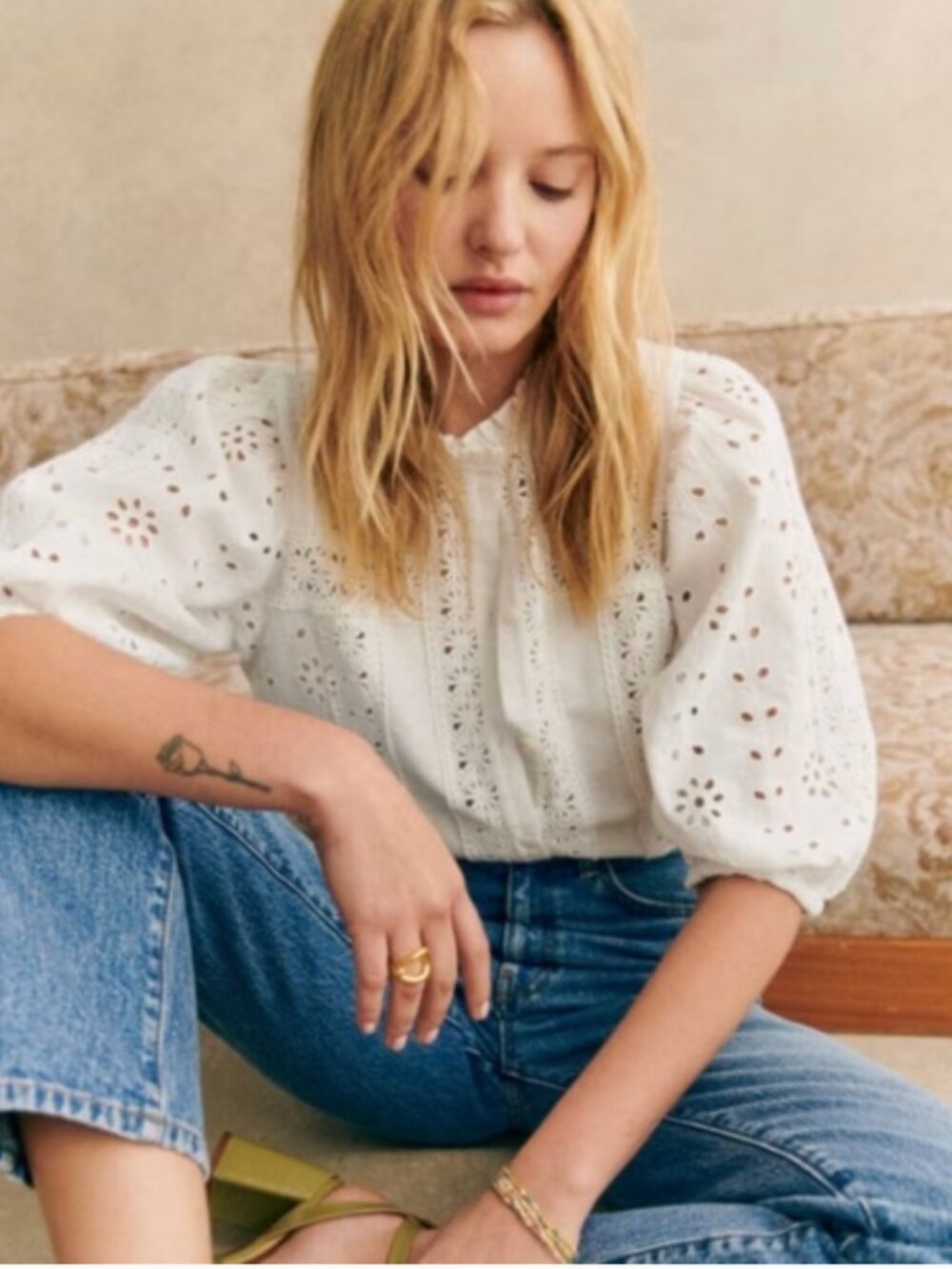 Sézane Athina White Eyelet Puff-Sleeve Top 38